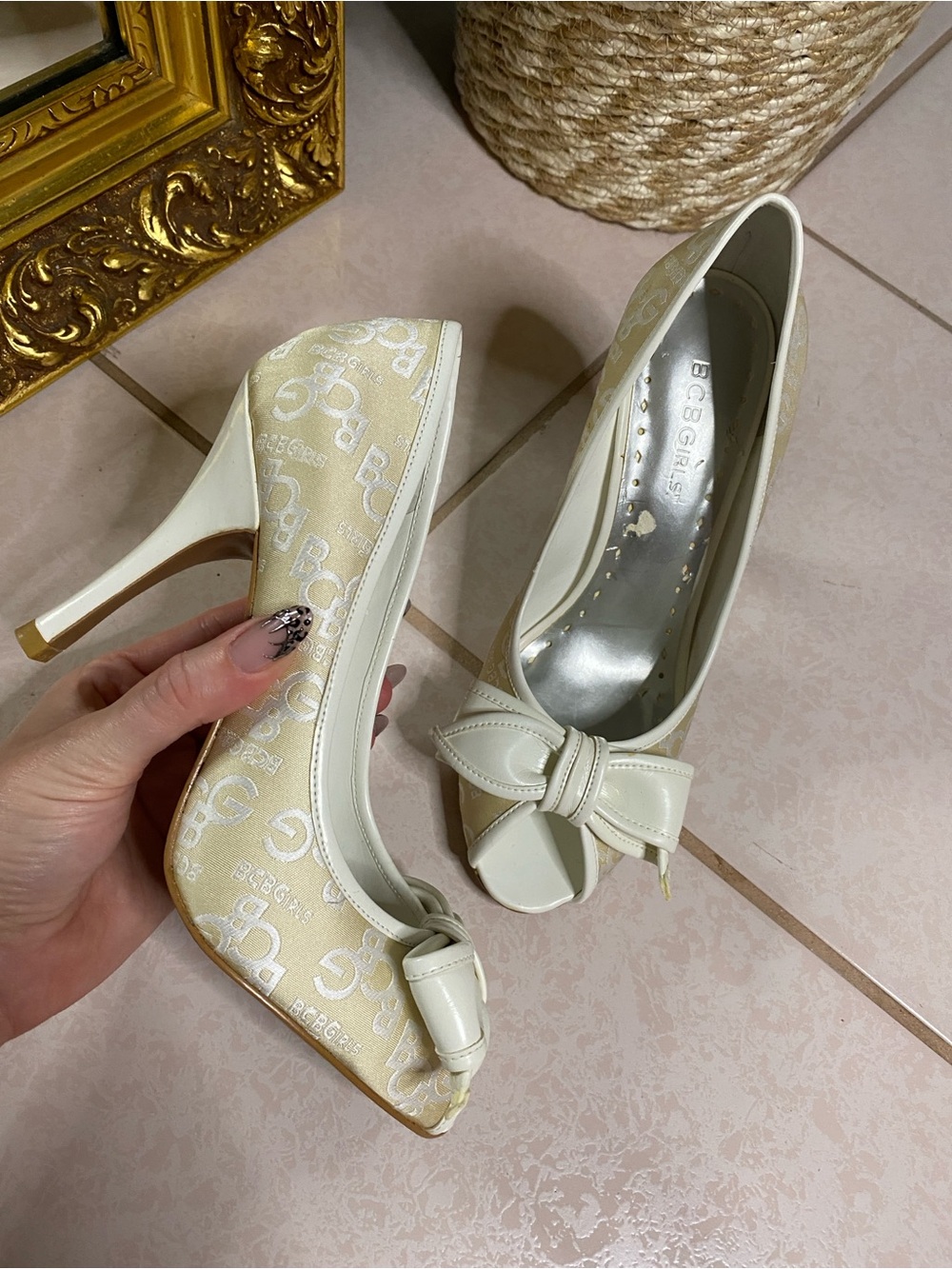 BCBGirls Ivory Cream Bow Peep-Toe High Heels